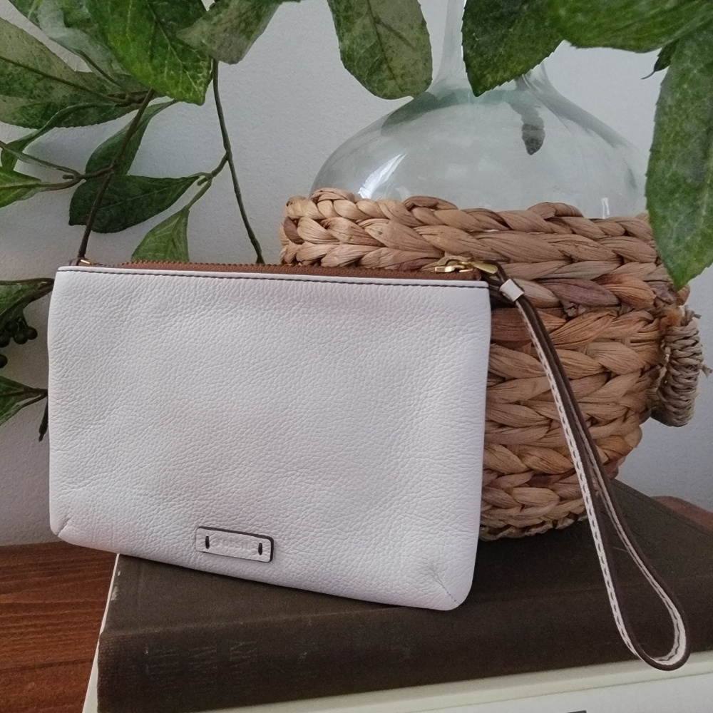 Fossil Keely Bone & Brown Genuine Leather Wristlet Wallet Pouch